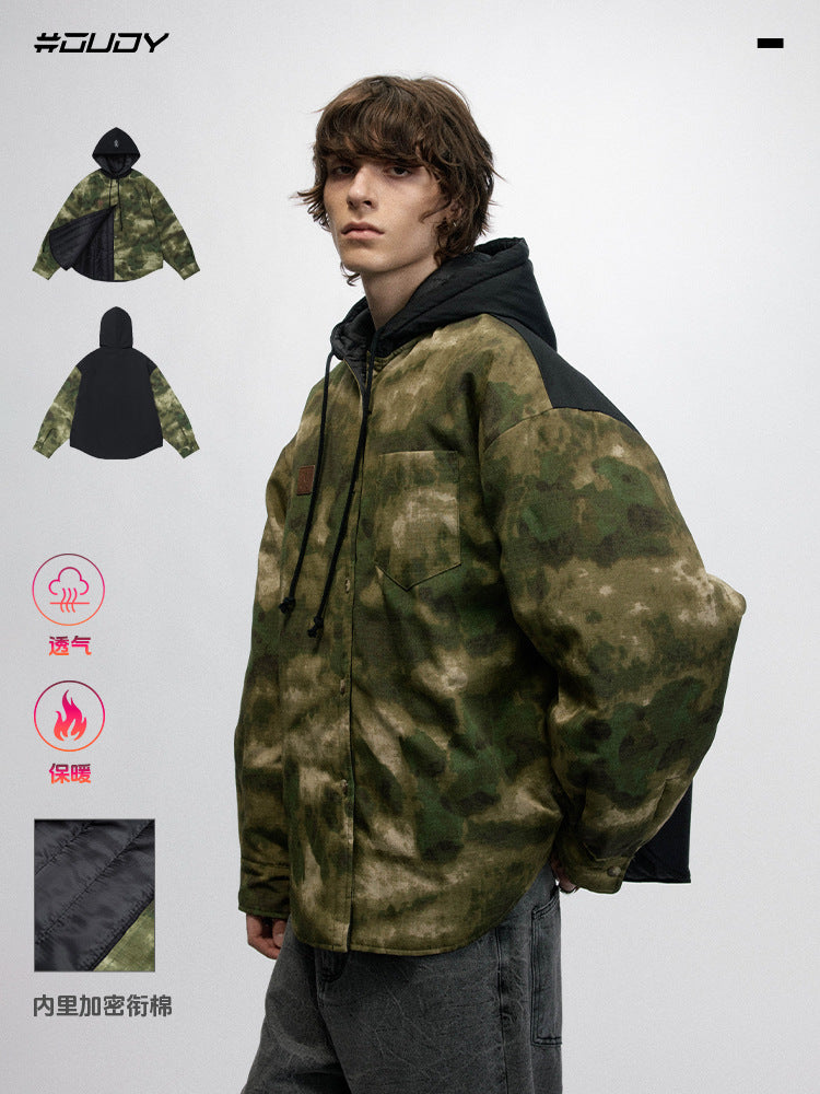 # OVDY retro camouflage coat jacket men's loose woven autumn and winter New thickened hooded men's clothing coat cotton-padded jacket
