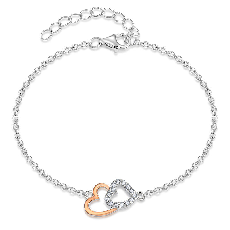 Special-interest design loving heart zircon 925 sterling silver bracelet heart-to-heart connection heart shaped bracelet jewellery silver accessories processing