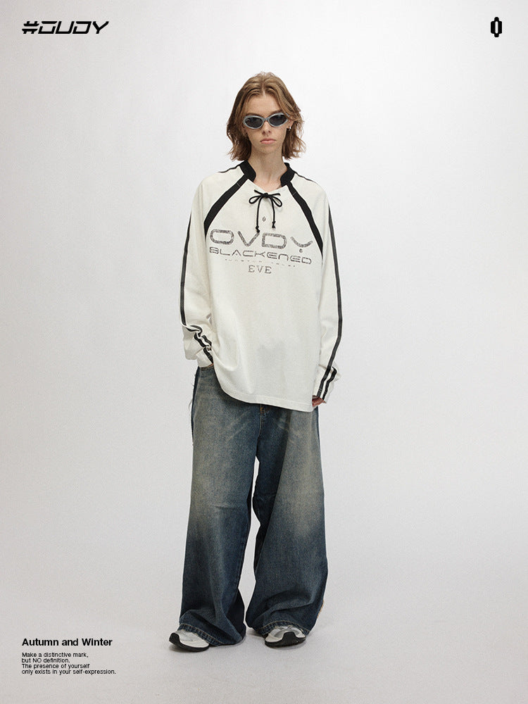 # OVDY 260g heavy contrast color raglan sleeve long sleeve T-shirt autumn and winter New Football collar bottoming shirt top