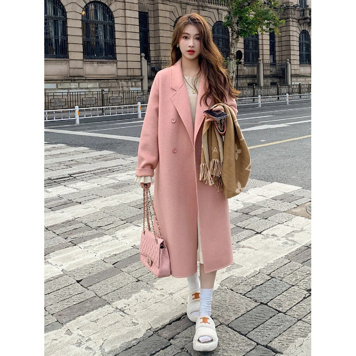 Pink reversible cashmere coat women 2023 autumn and winter New Korean style loose mid-length Hepburn style woolen coat