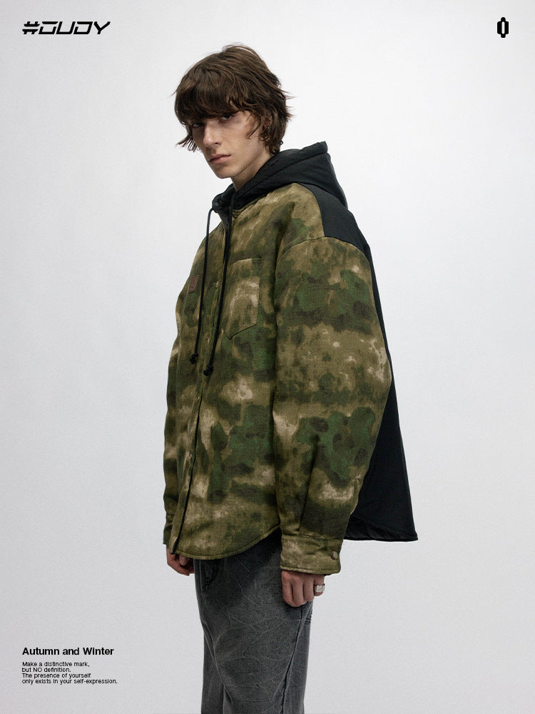 # OVDY retro camouflage coat jacket men's loose woven autumn and winter New thickened hooded men's clothing coat cotton-padded jacket