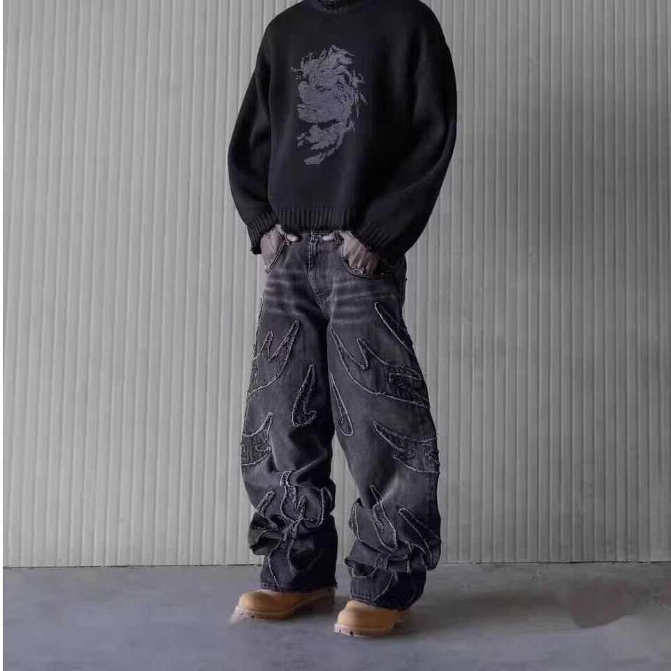 Streetwear jeans men women Harajuku embroidery vintage design loose jeans pants high waist wide leg pants