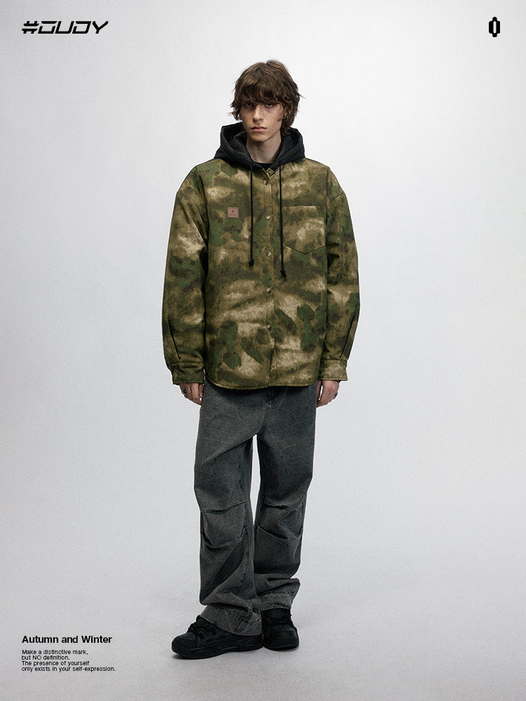 # OVDY retro camouflage coat jacket men's loose woven autumn and winter New thickened hooded men's clothing coat cotton-padded jacket
