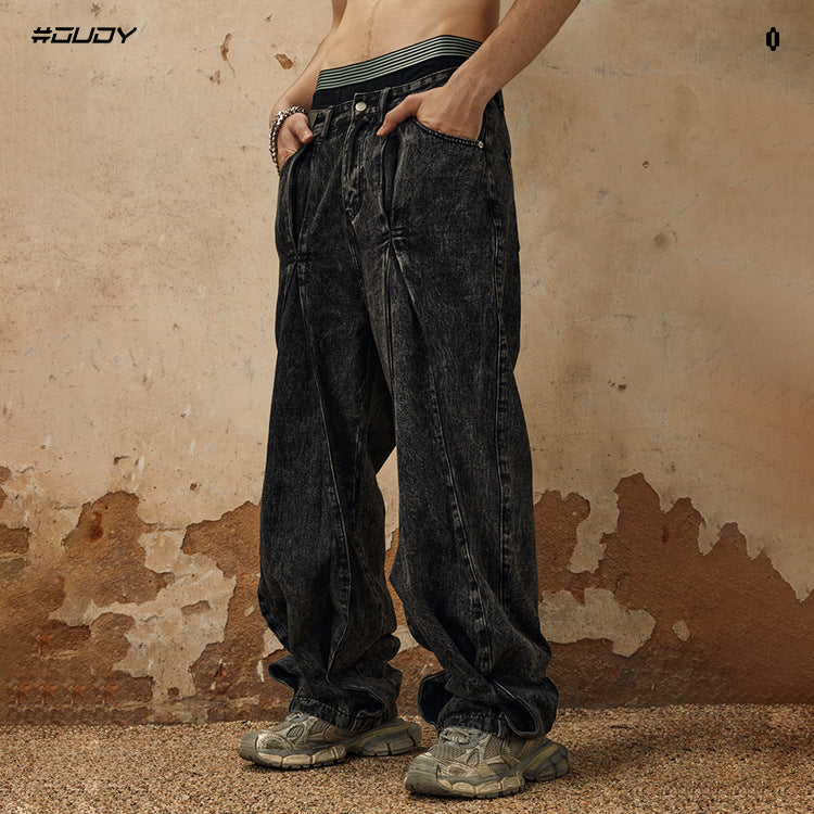 # OVDY autumn and winter new jeans folding pleated design snowflake washing craft street fashion loose trousers