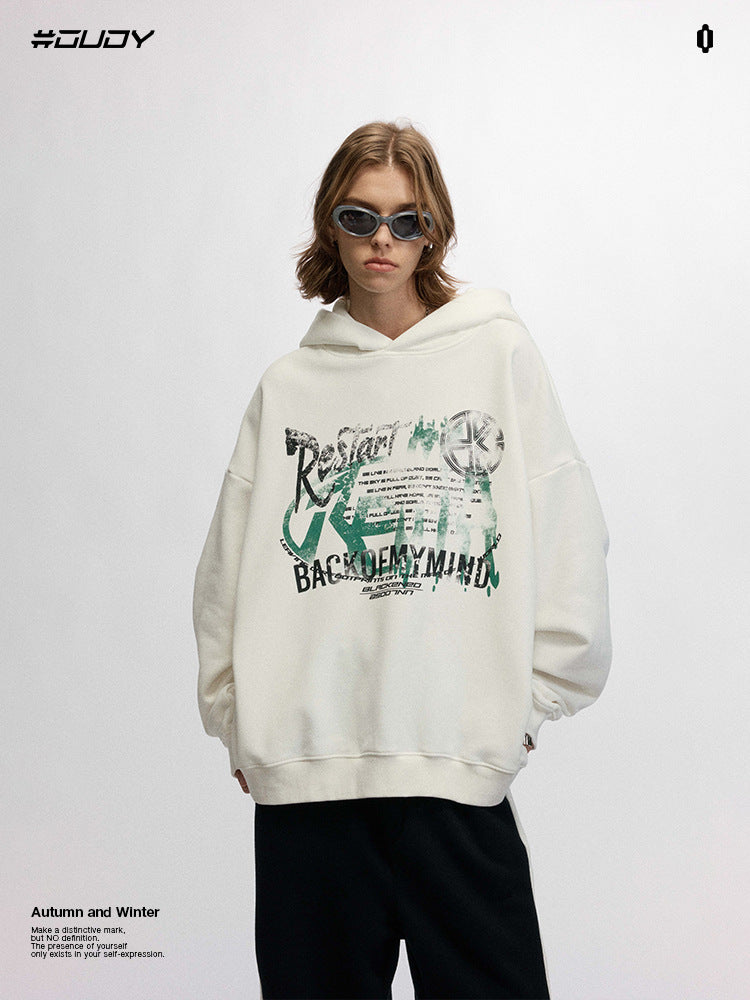 # OVDY 330g heavy autumn winter New pullover American letters printing plus velvet thickened advanced hooded sweater for men