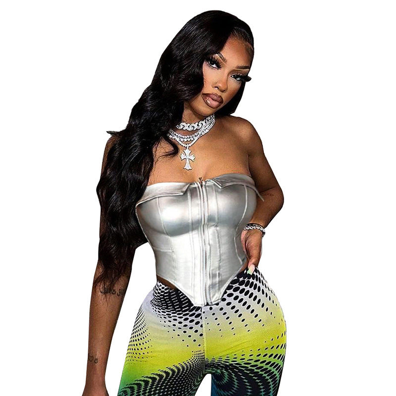 European and American Lapel Bustier PU Leather Boned Zipper Top