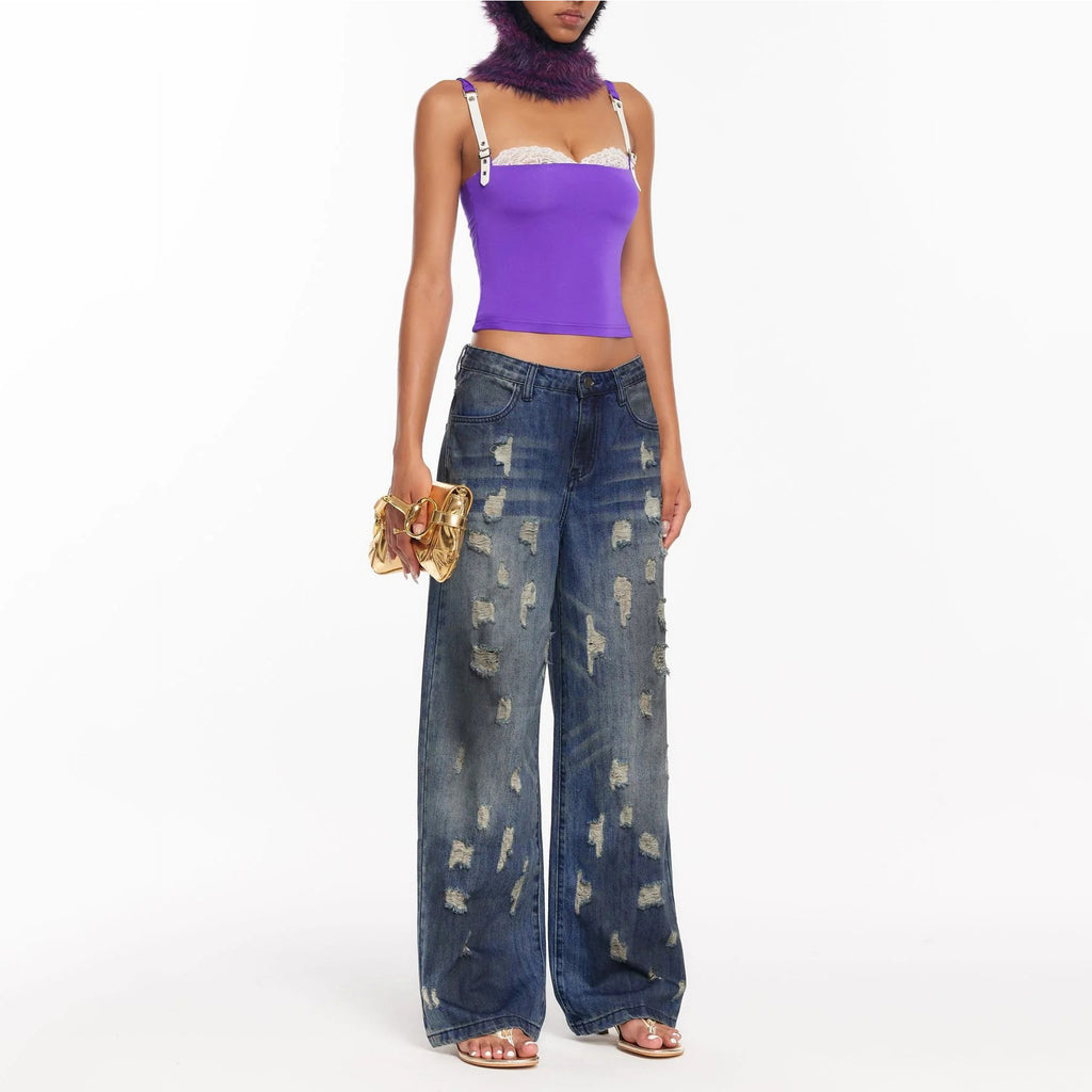 Foreign trade American high street washed worn jeans women 2024 street style retro tattered jeans straight jeans wholesale