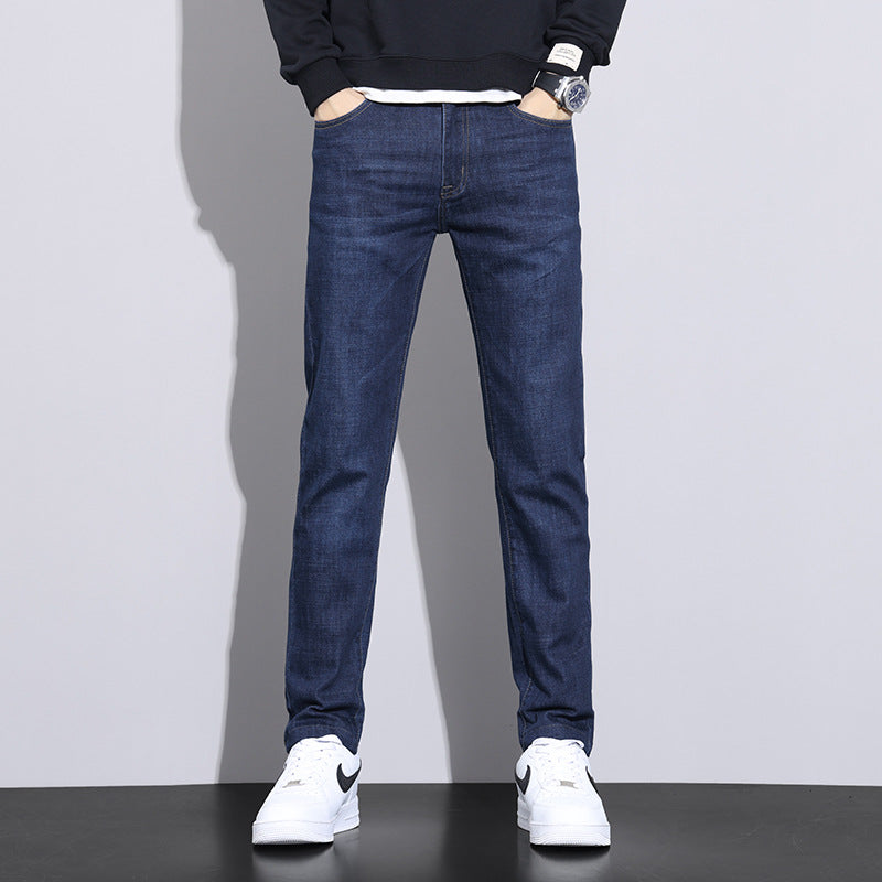 Jeans men's spring and summer straight slim stretch denim trousers men's business mid-high waist jeans thin