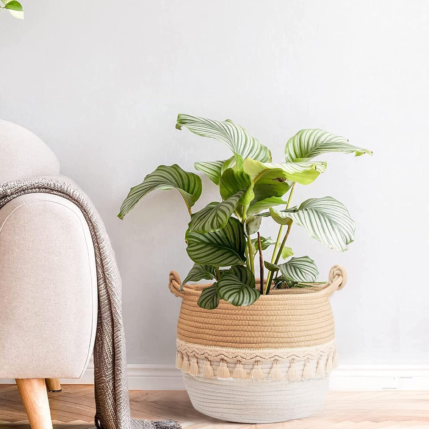 Cross-border supply cotton string woven storage basket foldable clothing storage basket with handle laundry basket basket decorative flower basket