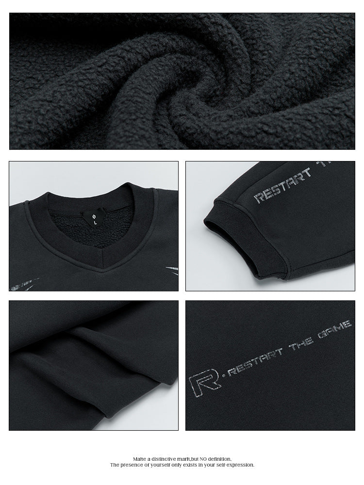 # OVDY 330g combed cotton fleece sweater American simple autumn and winter fleece-lined thickened trendy men's small v-neck sweatshirt