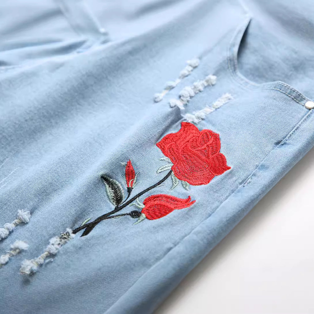 Embroidered jeans men's Stretch Slim-fit ripped embroidered jeans exclusive for cross-border men's jeans summer thin