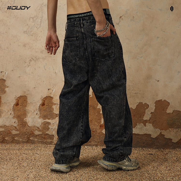 # OVDY autumn and winter new jeans folding pleated design snowflake washing craft street fashion loose trousers