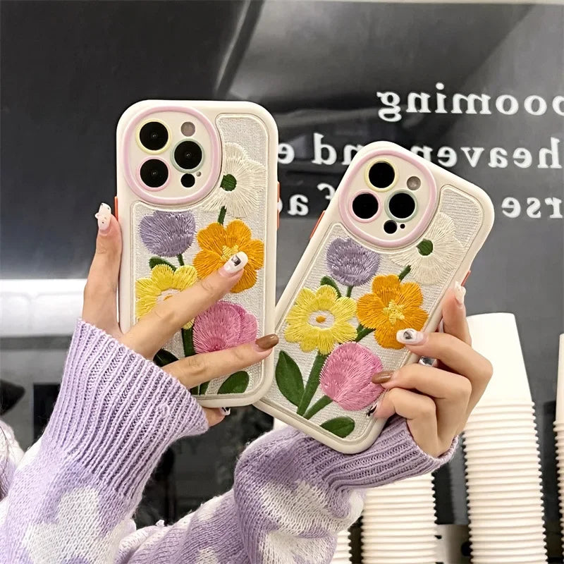 Embroidered flowers for iPhone16promax phone case 15plus protective case 13proamx phone case