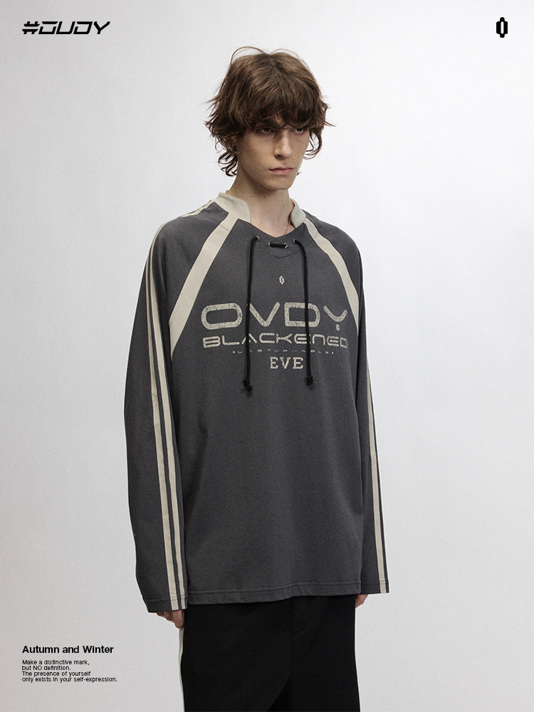 # OVDY 260g heavy contrast color raglan sleeve long sleeve T-shirt autumn and winter New Football collar bottoming shirt top