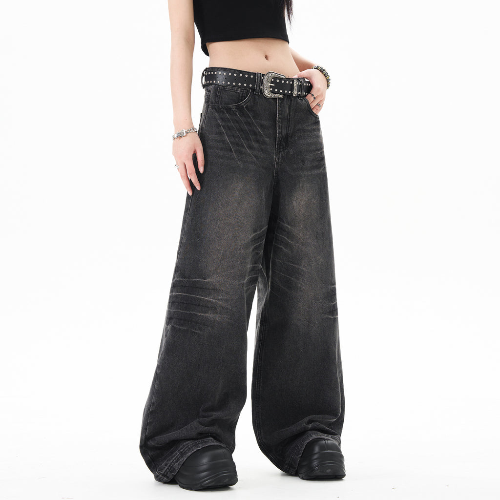 OREETA jeans American retro cat beard washed straight jeans fashion brand loose wide leg heavy jeans