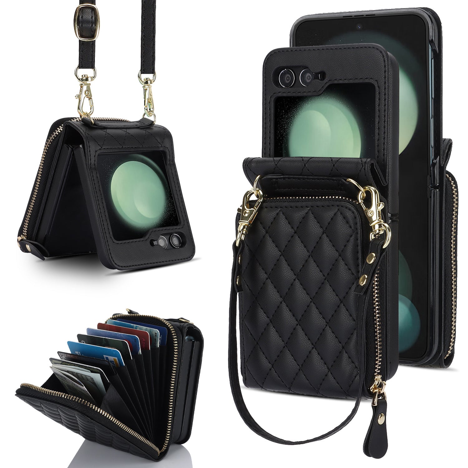 Applicable to Z FLIP5 classic style diamond grid zipper bag veneer shell oblique expanding card holder findn2flip phone case