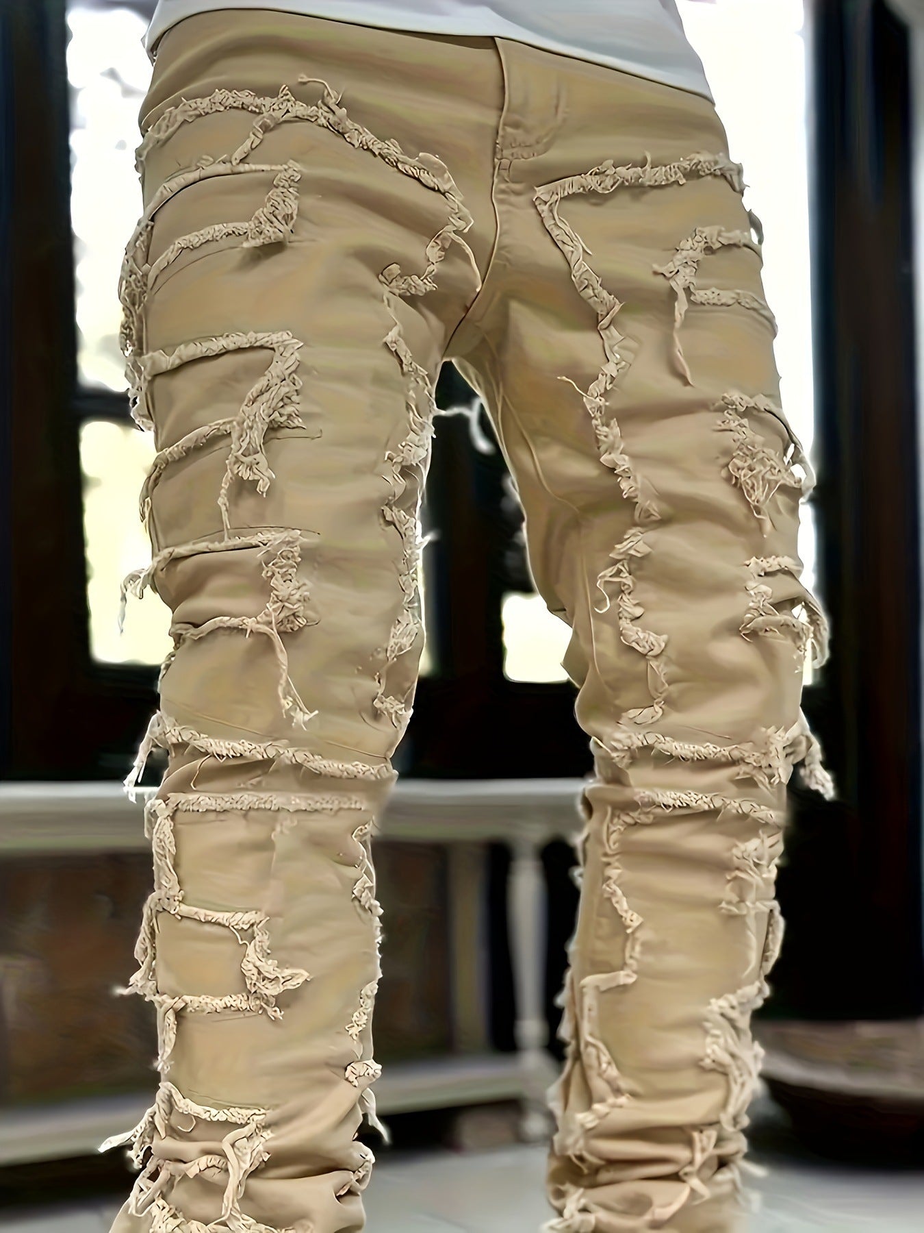 Mens Slim Straight Jeans with Elastic Waist Creative Jeans