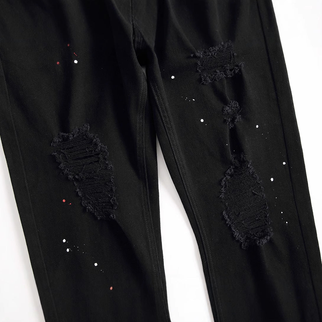 Black jeans men's 2025 new men's jeans fashionable paint men's tapered trousers stretch slim fit men's pants foreign trade