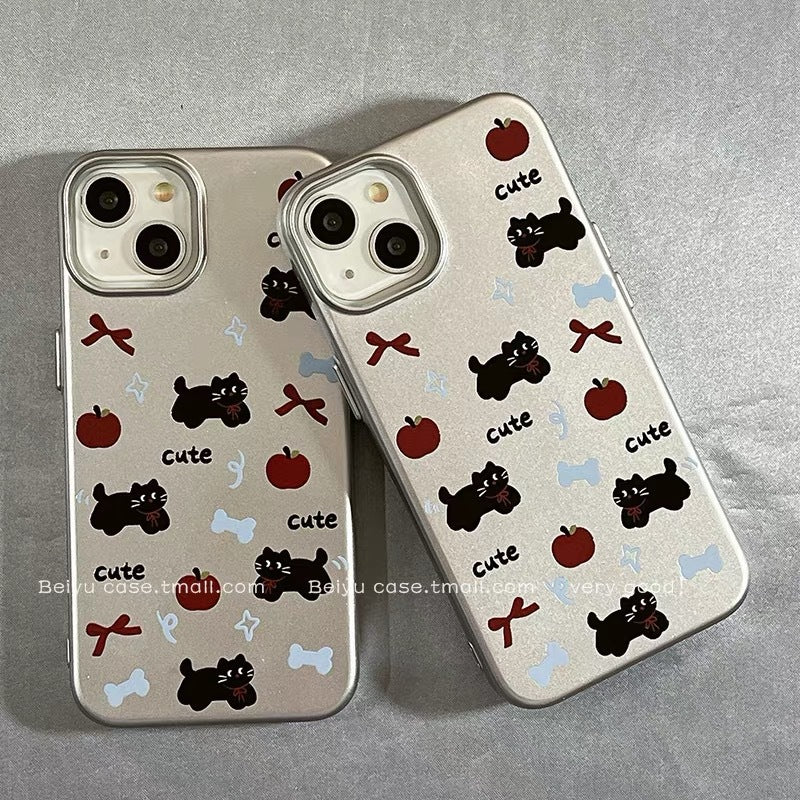 Cute bow cat for Apple 16promax phone case silver iPhone15 new drop-resistant silicone