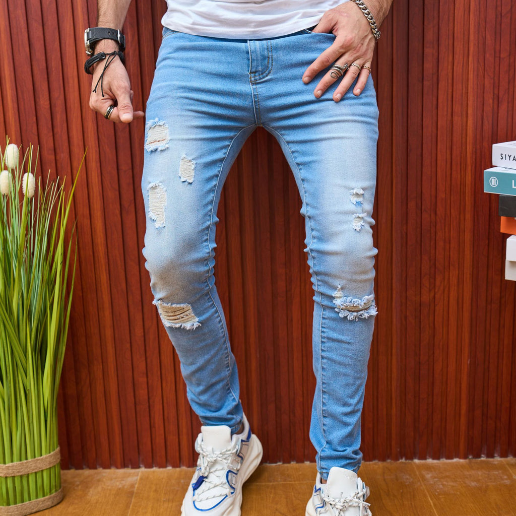 Foreign trade men's jeans trousers high elastic ripped slim jeans men AliExpress men's jeans