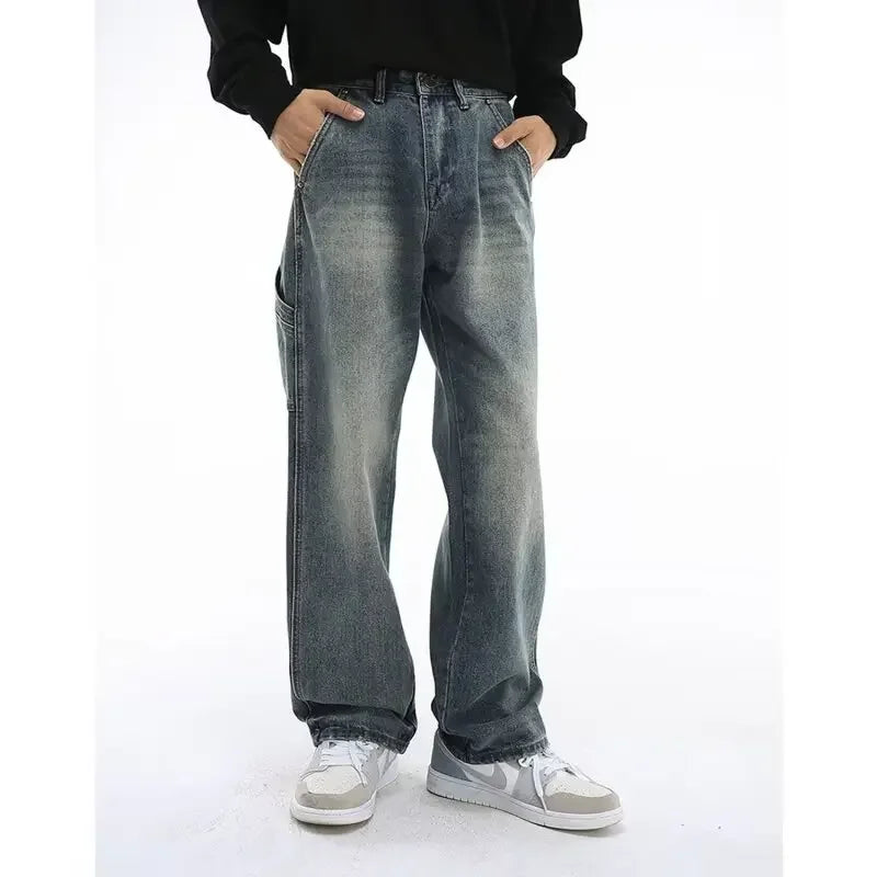 Jeans men's autumn gradient washed distressed bootcut pants high-grade Ruan handsome loose straight casual trousers