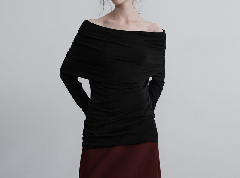 French sexy top long sleeve off-shoulder T-shirt fall slim fit slimming sense of design niche shoulder-baring sweater