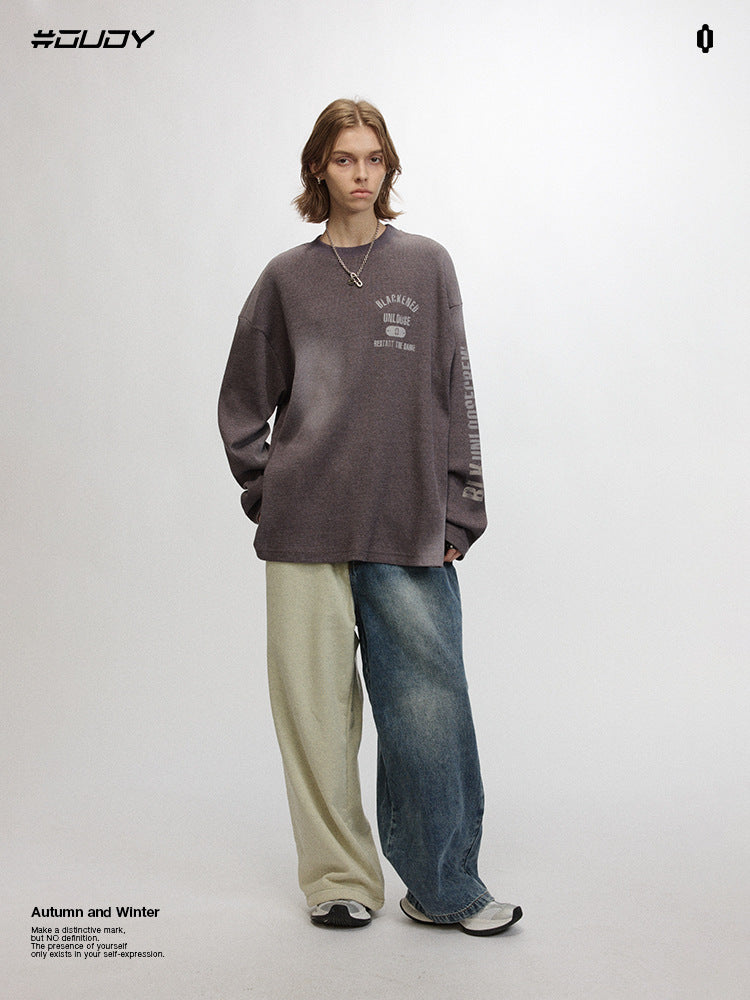 # OVDY autumn and winter New street fashion long-sleeved T-shirt 250g Walf checks fabric non-specification inkjet top fashion