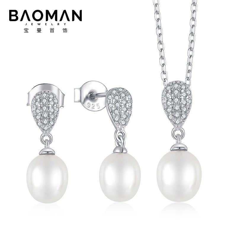 s925 sterling silver jewelry set earrings stud earrings inlaid zircon pearl necklace pendant foreign trade cross-border silver accessories processing