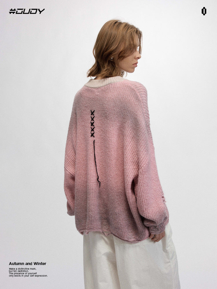 # OVDY autumn and winter New round neck sweater hollow-out ripped design street Tide brand casual loose sweater for men and women