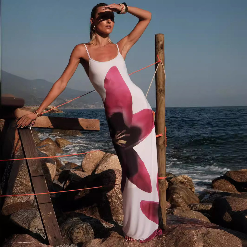 Foreign trade boutique summer sexy suspender skirt digital printing slim high waist sheath fashion beach travel dress