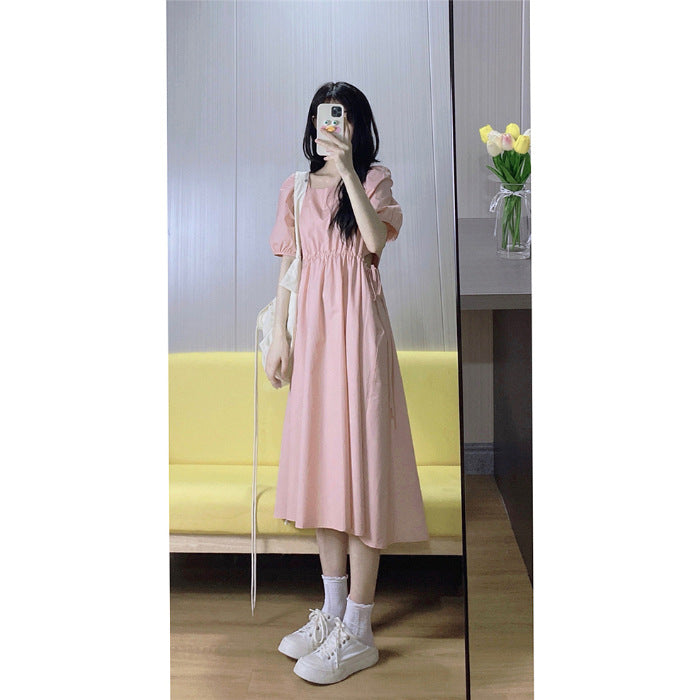New preppy style pink square collar dress women's summer tea break French slimming temperament seaside vacation dress