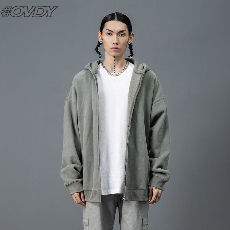 # OVDY men's clothing autumn and winter fleece-lined fashion brand loose casual men's Hooded Zipper Sweatshirt coat thickened warm
