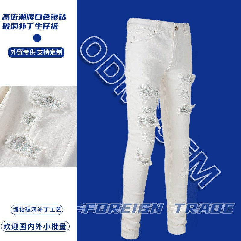 Cross-Border men's jeans White for men Diamond hole & patch High Street elastic slim-fitting men's clothing jeans men's pants