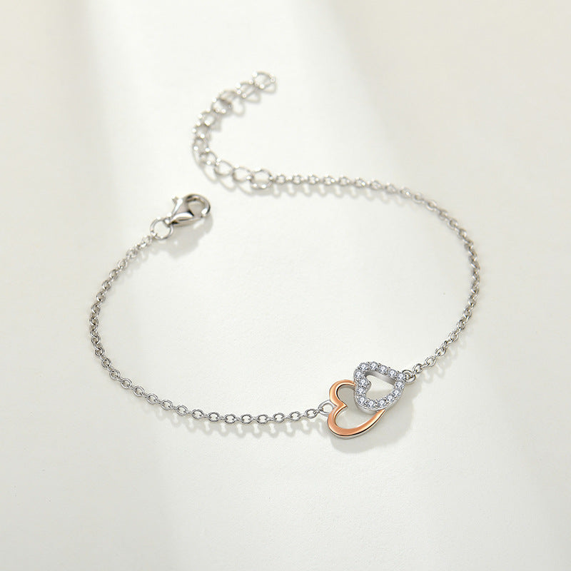 Special-interest design loving heart zircon 925 sterling silver bracelet heart-to-heart connection heart shaped bracelet jewellery silver accessories processing