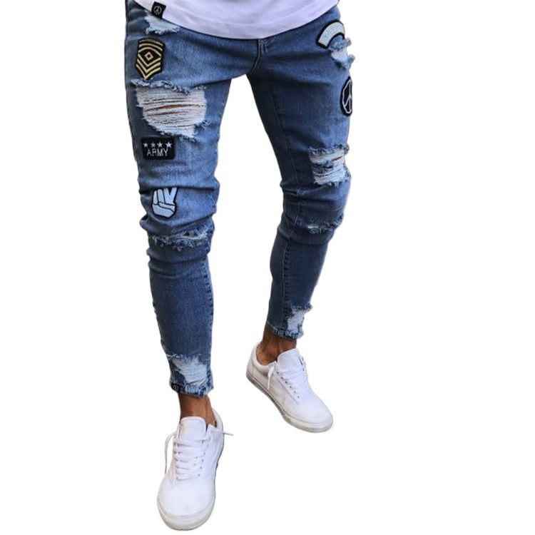 Men's jeans wisheBay feet hot sale jeans men's jeans ripped 4X badge cross-border LS