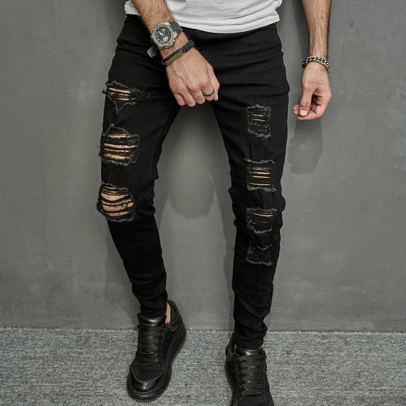 Foreign trade men's jeans trousers high elastic ripped slim jeans men AliExpress men's jeans