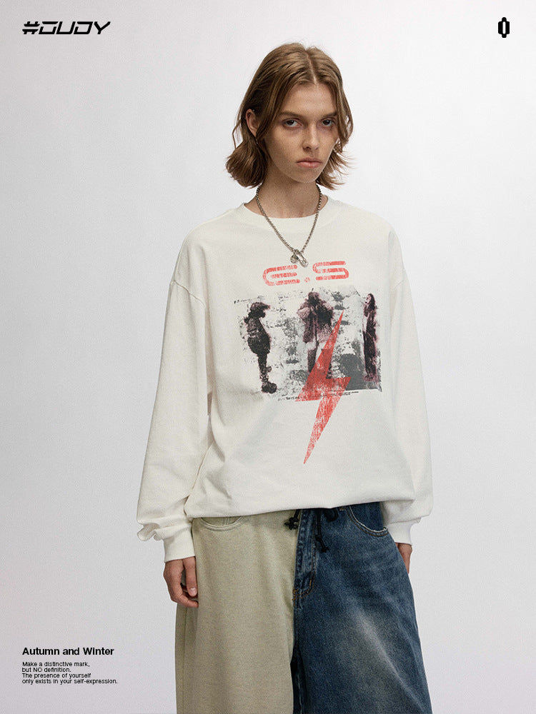 # OVDY 260g double yarn autumn and winter New long sleeve street letters printed casual small turtleneck drop shoulder long T-shirt tide