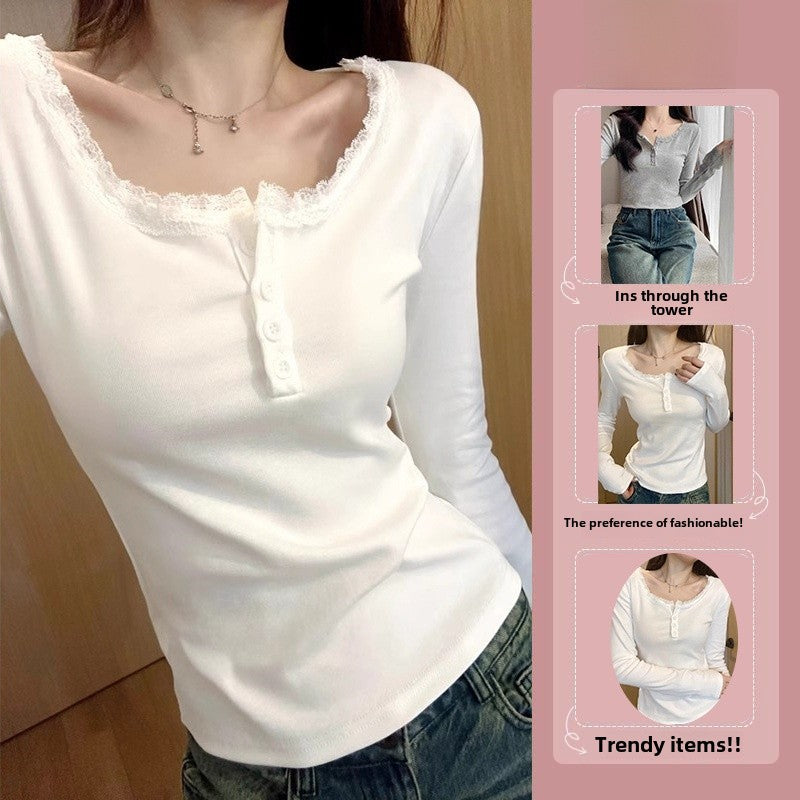 American-style lace lace shoulder long-sleeved T-shirt women's early autumn new square collar inner match slimming top bottoming shirt