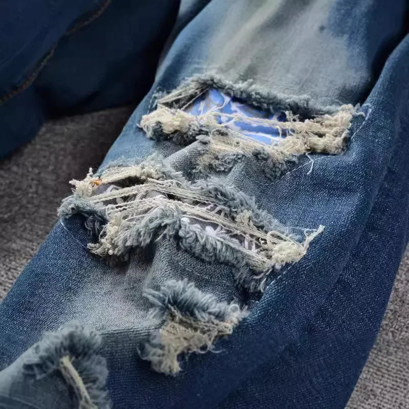 Fashion brand men's jeans slim fit hole & patch men's jeans American high street stretch men skinny pants 832