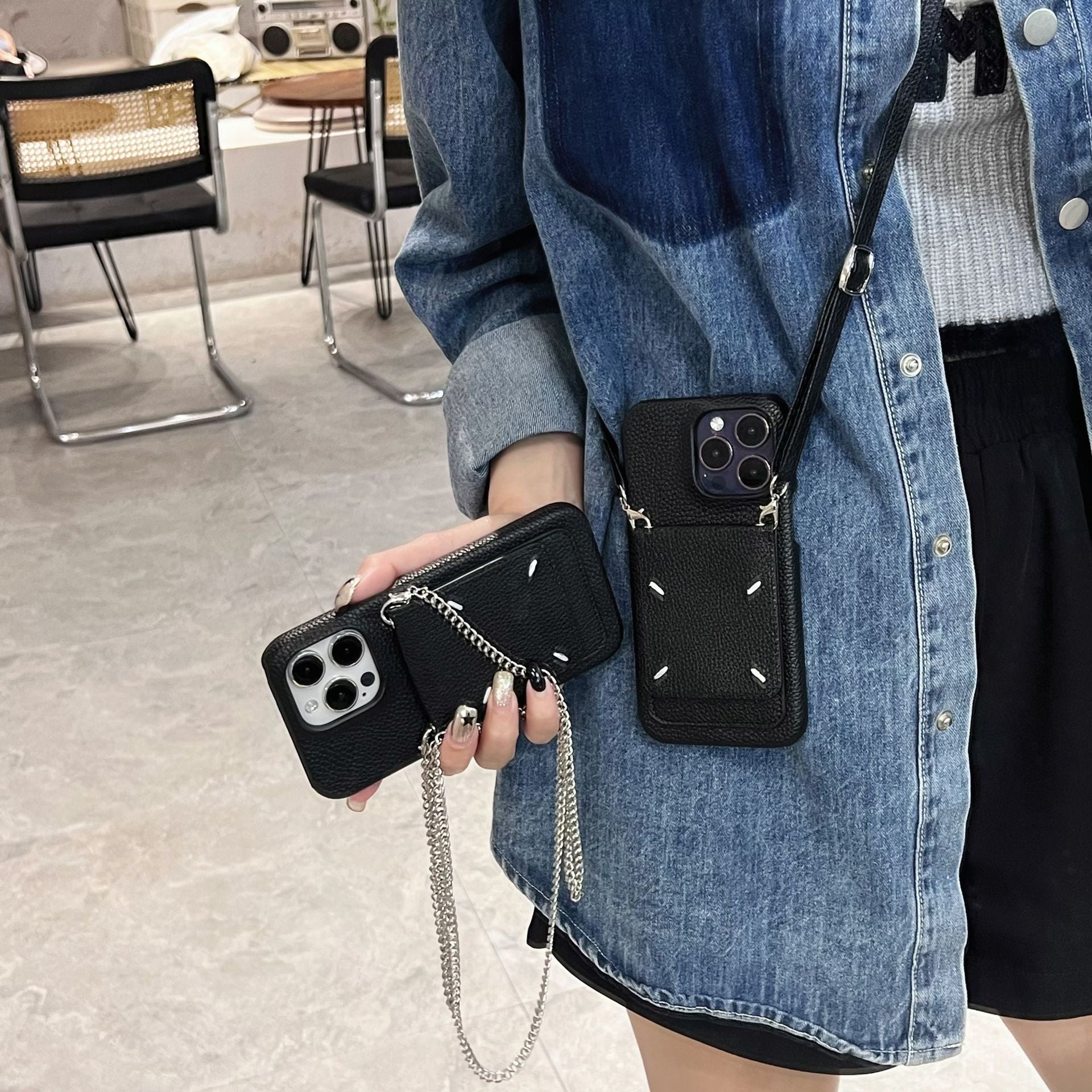 Applicable to Apple 16promax phone case crossbody embroidery iphone15 coin purse card 15promax shell