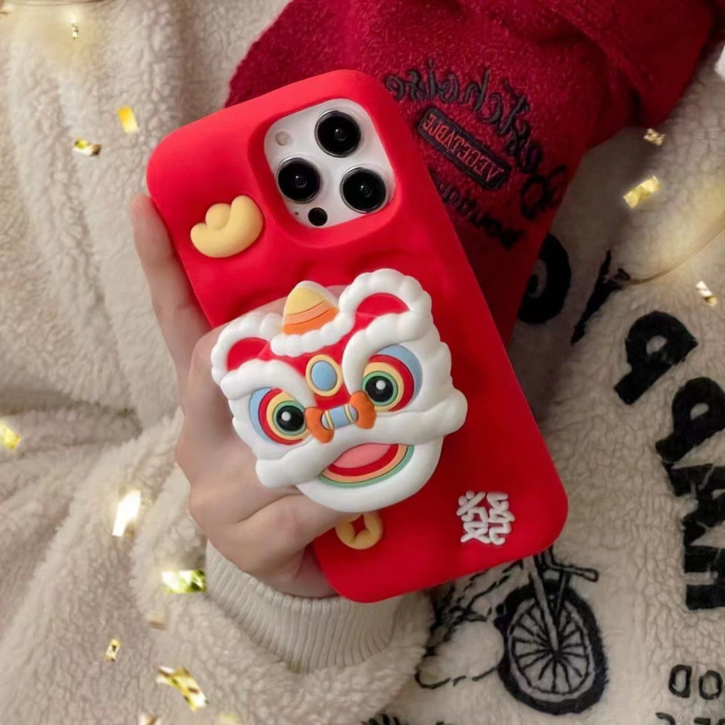 Three-dimensional cartoon New Year red lion dance Apple phone case iPhone12promax female 13Pro bracket