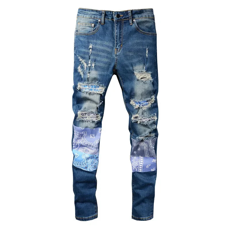 Fashion brand men's jeans slim fit hole & patch men's jeans American high street stretch men skinny pants 832