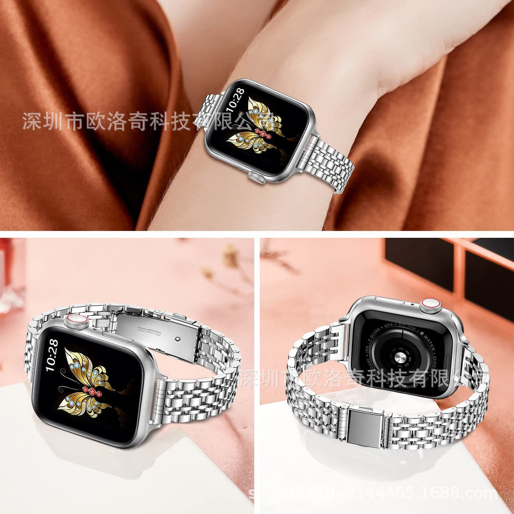 Suitable for Apple Watch9 smart strap Apple 8ultra small seven beads slingshot buckle steel strap metal strap