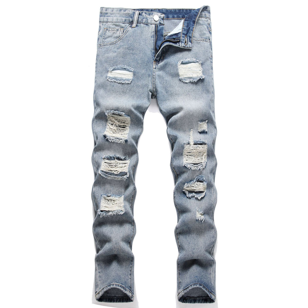 Foreign trade men's jeans trousers high elastic ripped slim jeans men AliExpress men's jeans