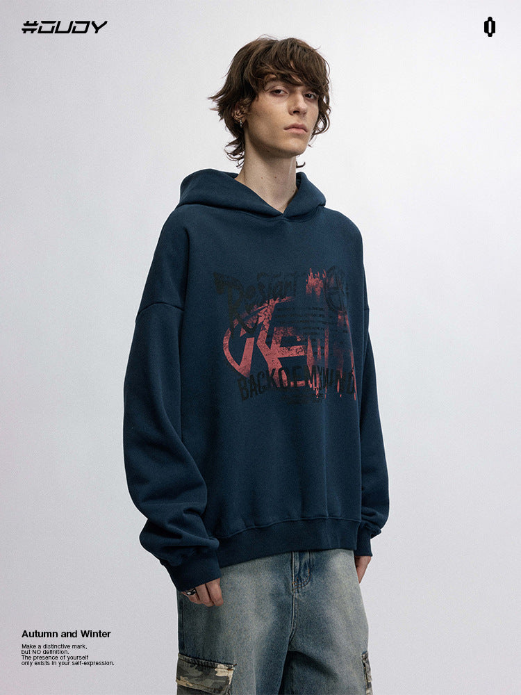 # OVDY 330g heavy autumn winter New pullover American letters printing plus velvet thickened advanced hooded sweater for men