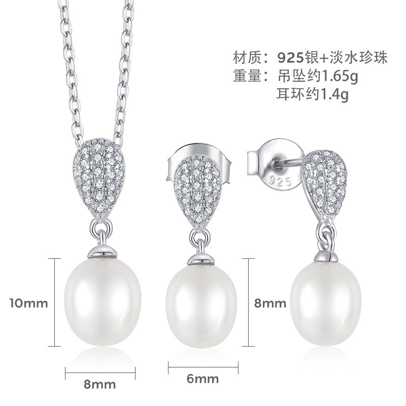 s925 sterling silver jewelry set earrings stud earrings inlaid zircon pearl necklace pendant foreign trade cross-border silver accessories processing