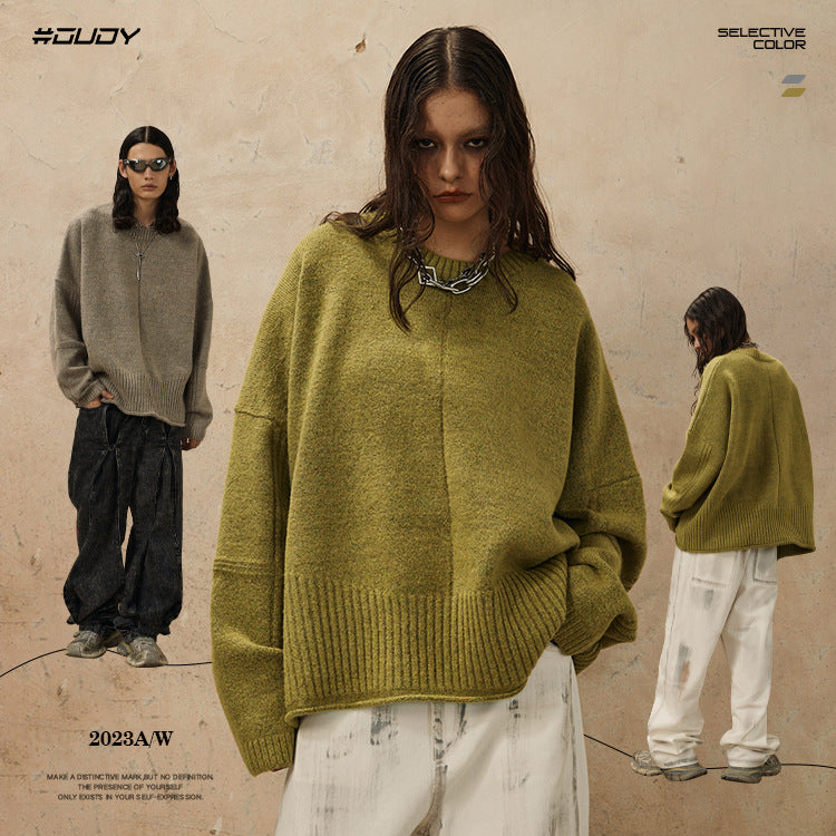 # OVDY autumn and winter New lazy wind round neck sweater curling design soft glutinous simple style solid color sweater fashion