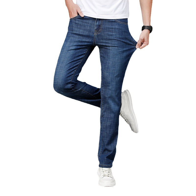 Jeans men's spring and summer straight slim stretch denim trousers men's business mid-high waist jeans thin