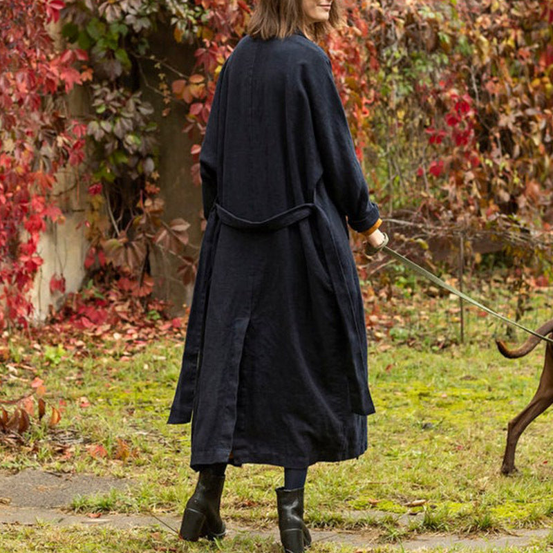 High class elegant pure Ramie coat 25 autumn women's overcoat slim slimming mid-length cotton linen niche trench coat