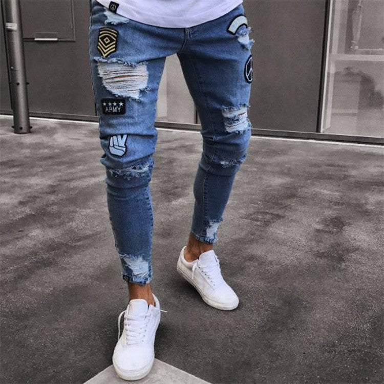 Men's jeans wisheBay feet hot sale jeans men's jeans ripped 4X badge cross-border LS